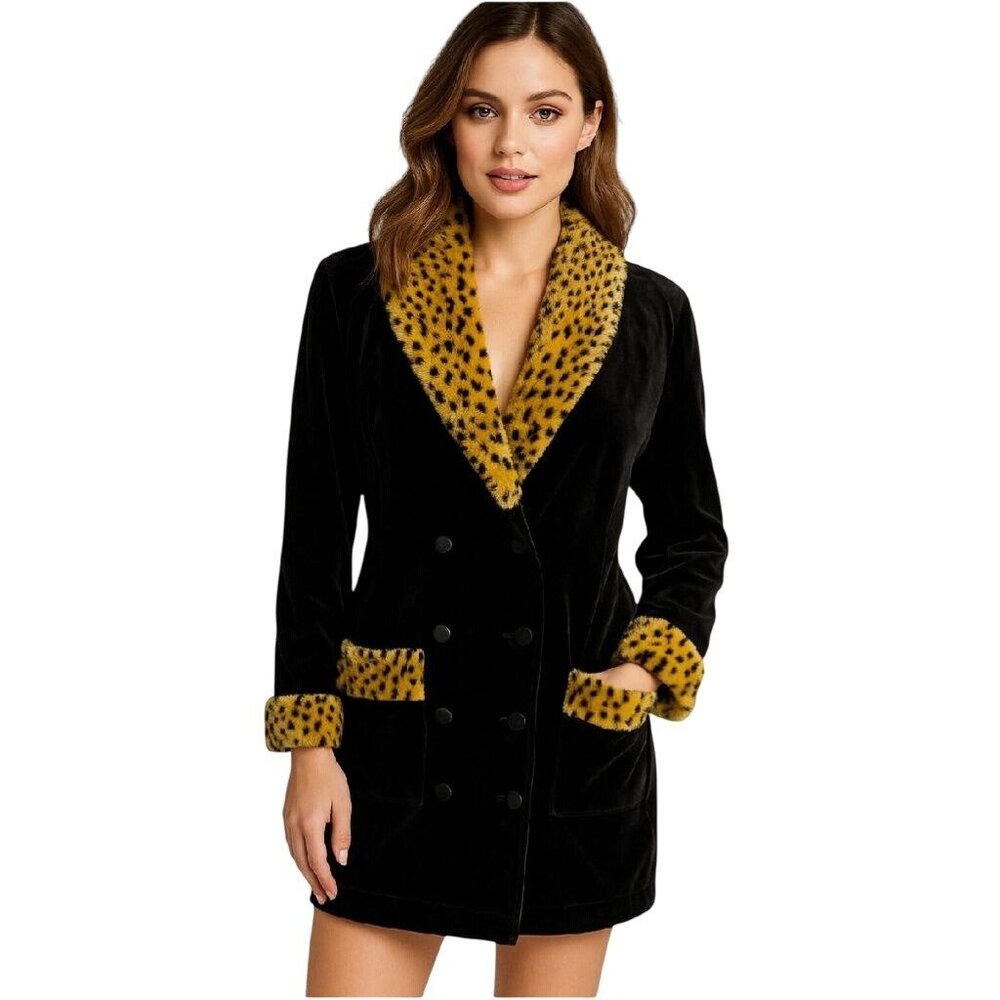 1990s Richard & Company Black Velvet Smoking Jacket Small Leopard Faux Fur Trim